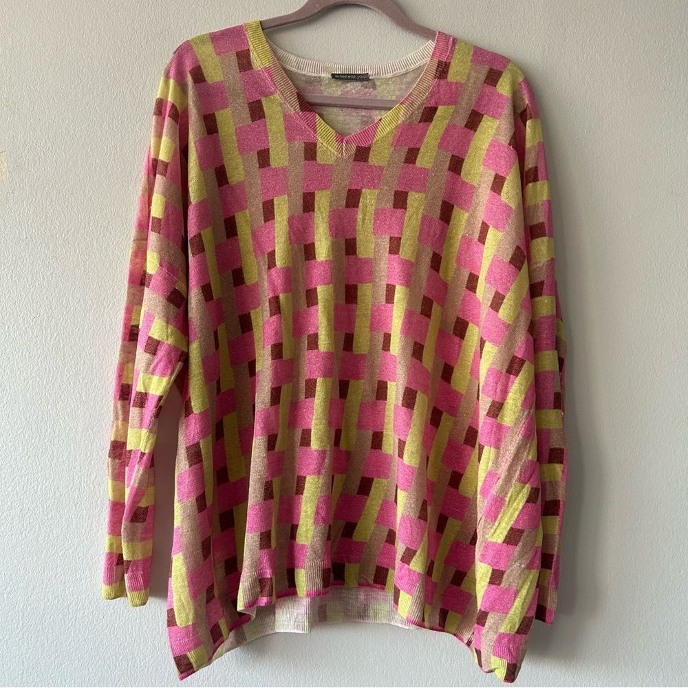 In Bed With You Pink and Green Checkered Linen blend Sweater top